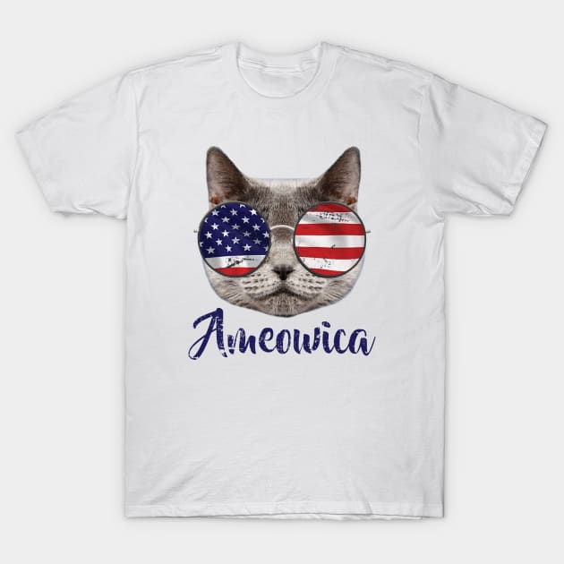 Ameowica America USA Cat Sunglasses text blue T-Shirt by gerasute